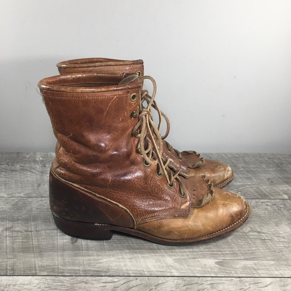 Larry Mahan Womens Leather Granny Grunge Punk Riding Lace Up Leather Boots 8.5